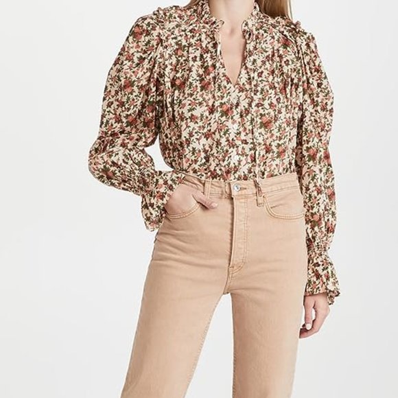 Free People Tops - Free People Top XS Floral Orange Green Puff Sleeve Cotton Boho Blouse Women's